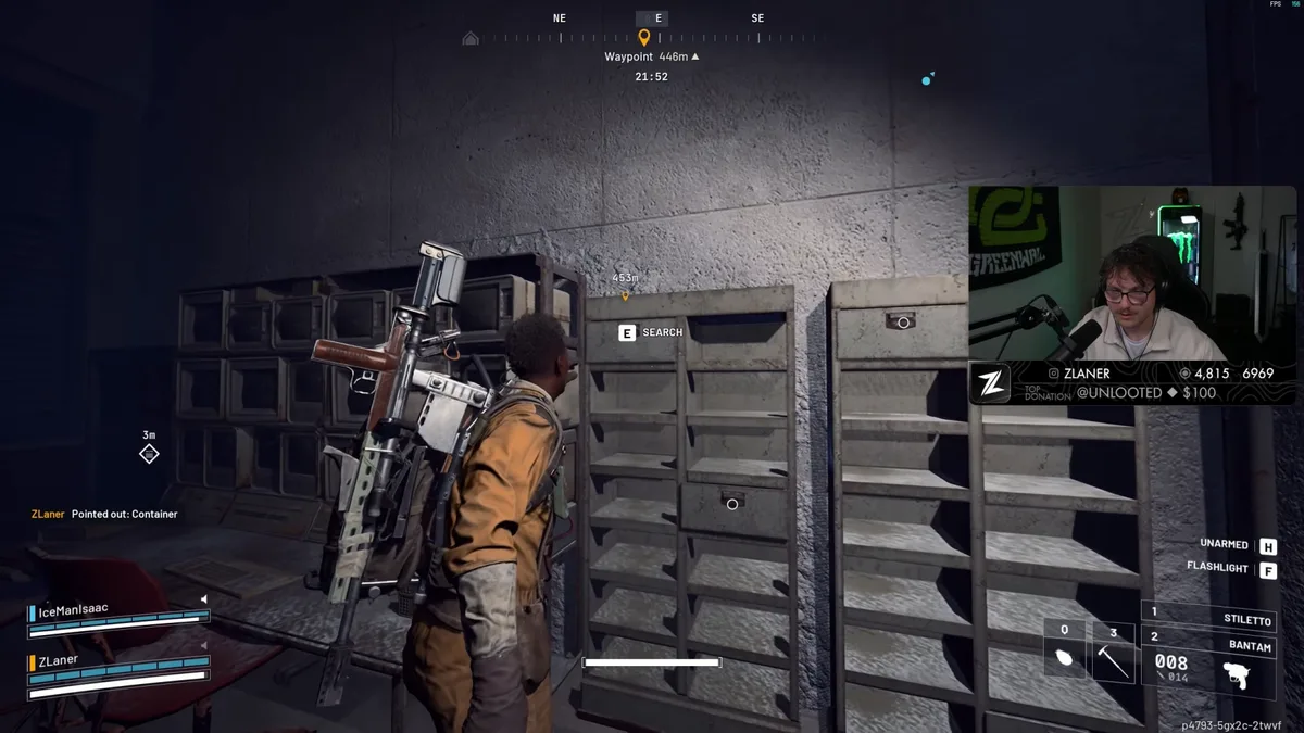 Raider searching the top drawer of metal shelving beside pigeonhole cabinets