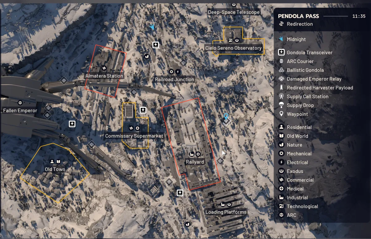 Pendola Pass map during Redirection: several dim Damaged Emperor Relay icons and one active relay