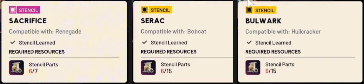 Sacrifice, Serac and Bulwark stencil tooltips with their Stencil Parts costs