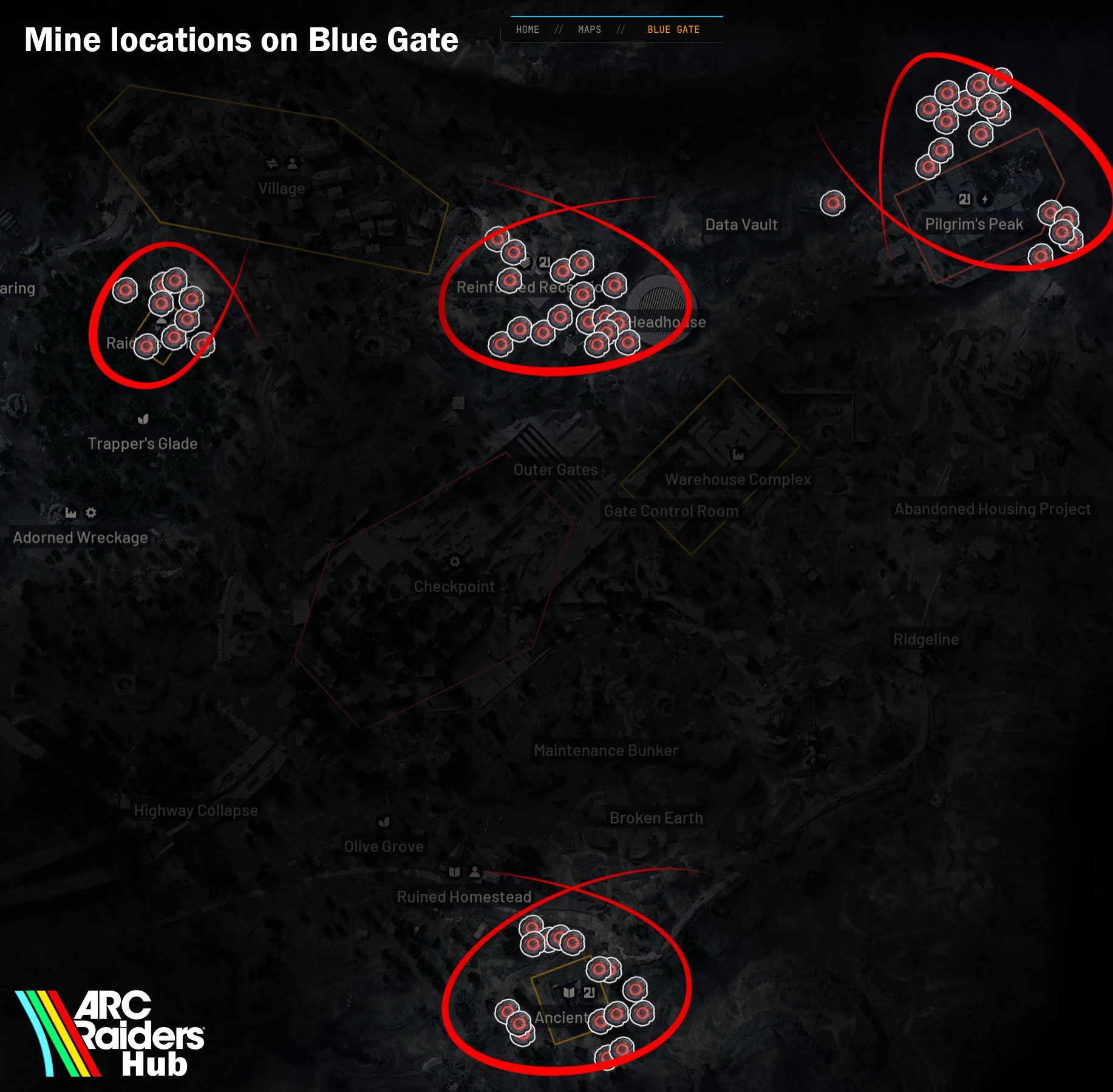 Blue Gate map showing all buried mine locations near security key areas