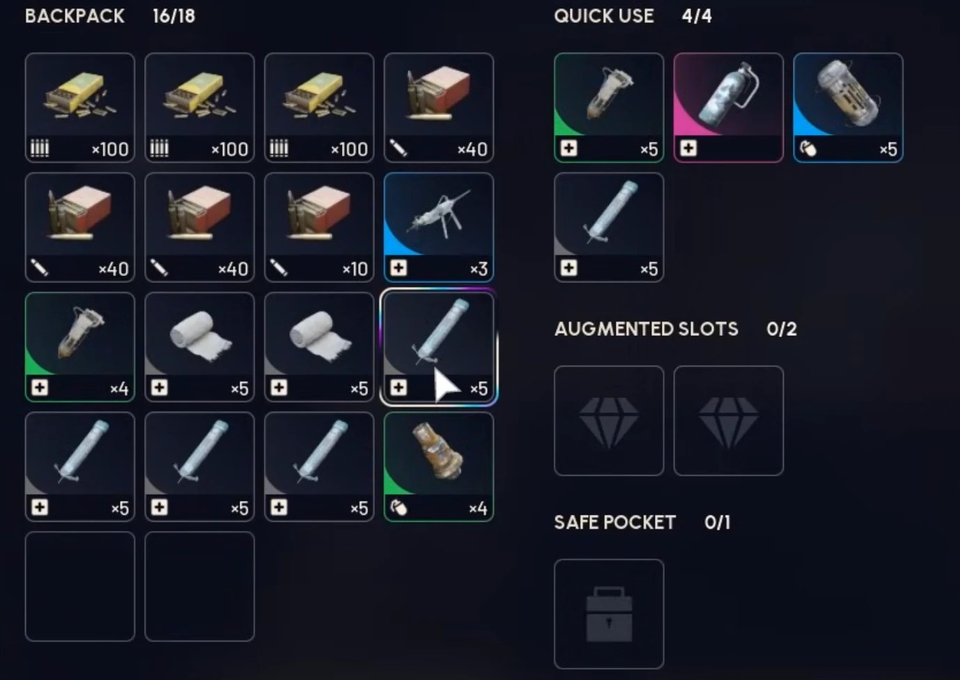 Recommended loadout showing adrenaline shots, bandages, and seeker grenades