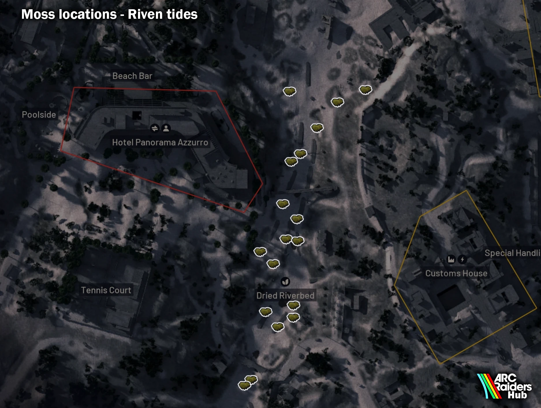 Moss spawn locations on the Riven Tides interactive map in ARC Raiders