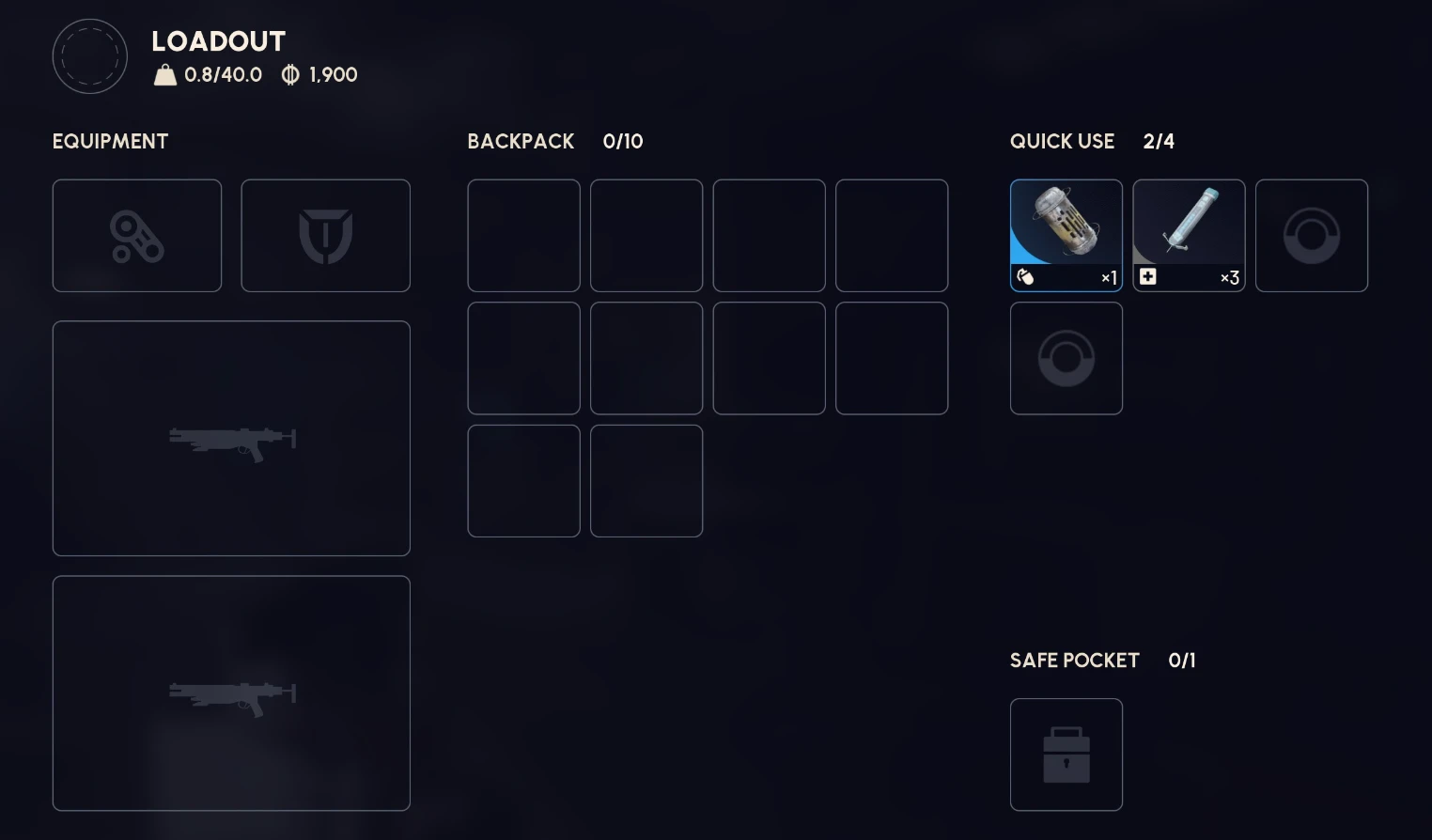 Empty naked loadout with only a smoke grenade and adrenaline shots for Dolabra blueprint farming
