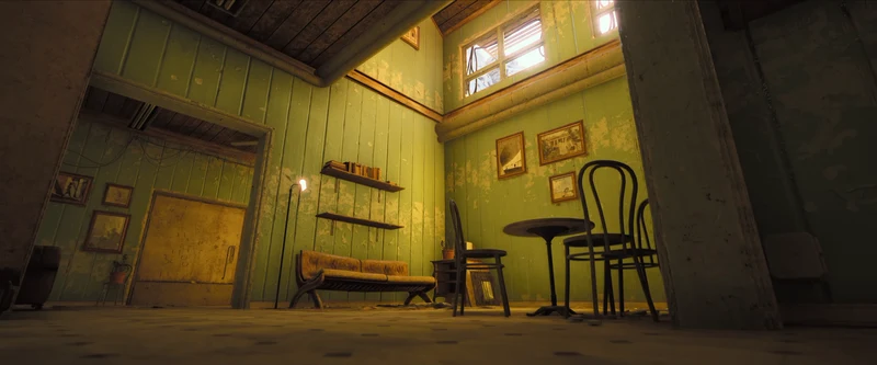 ARC Raiders Outpost - Green room with shelves and dining table