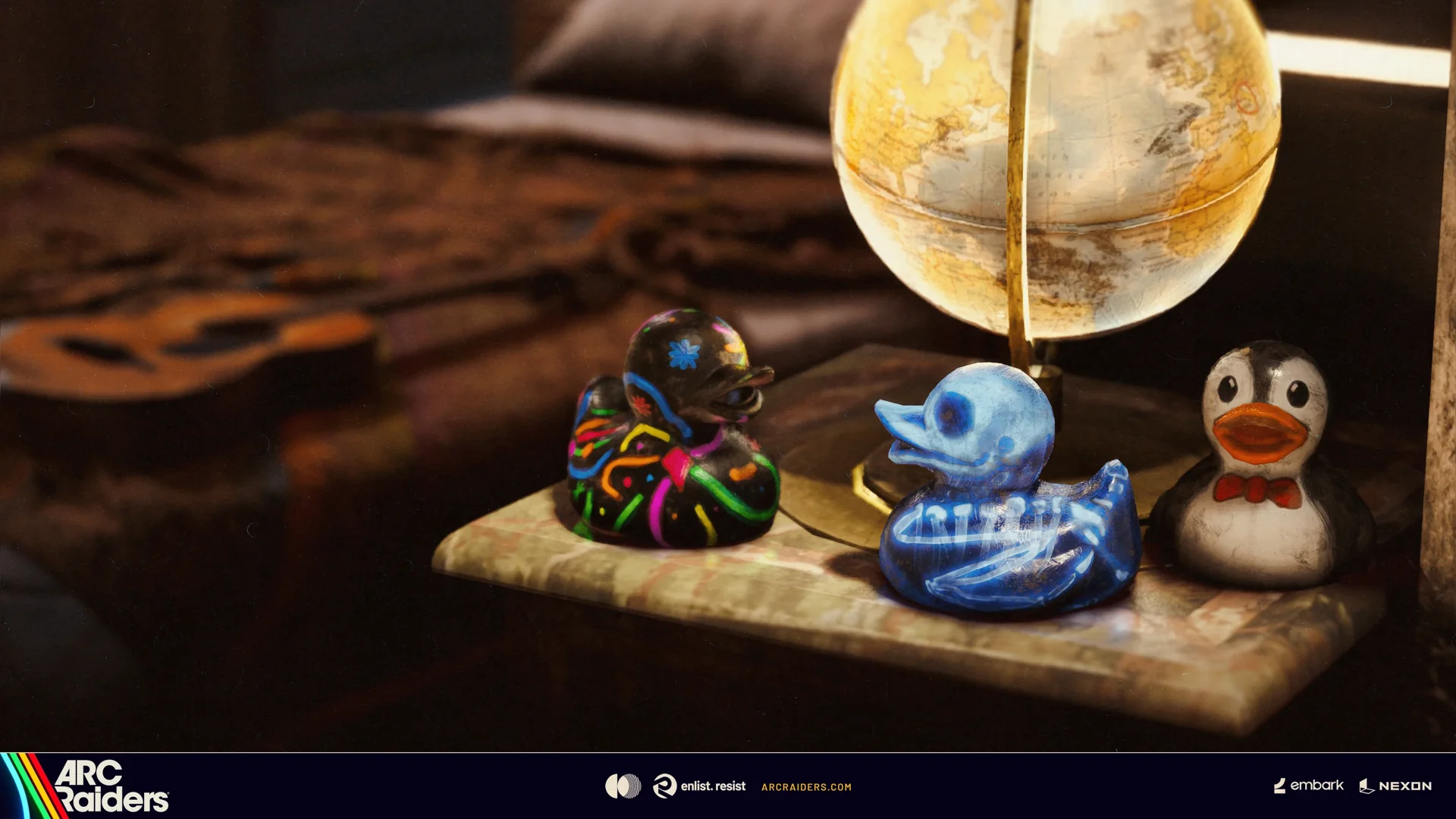 Community-designed rubber ducks in the ARC Raiders Raider Den — neon, translucent, and penguin variants