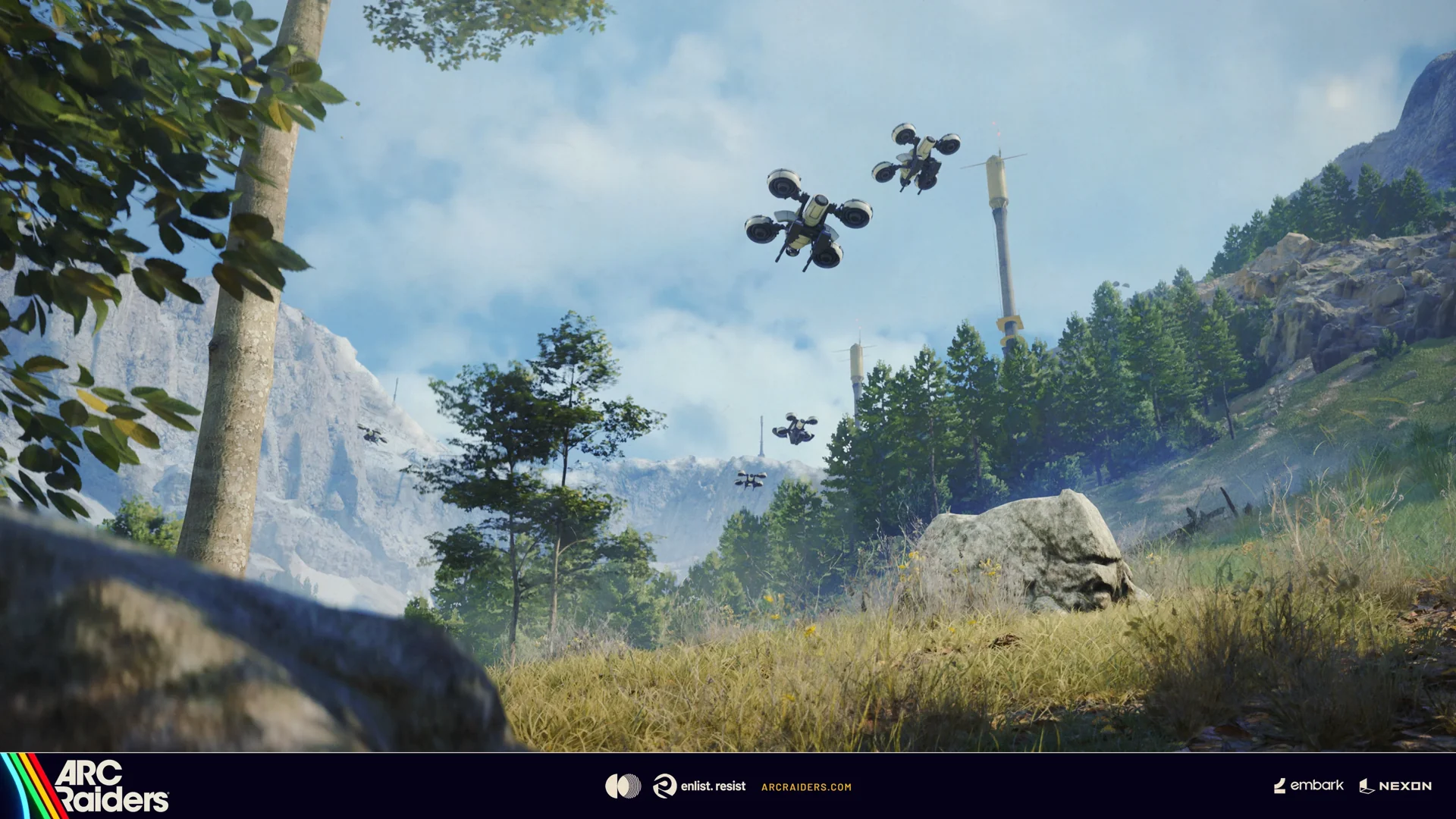 ARC flying over the mountain range north of Speranza in ARC Raiders