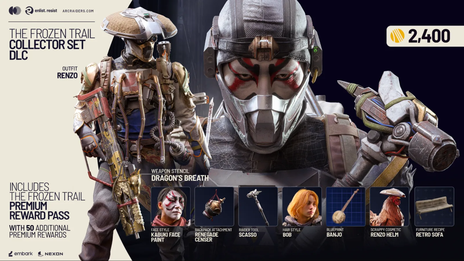 The Frozen Trail Collector Set DLC: Renzo outfit, Dragon's Breath stencil and 2,400 Raider Tokens