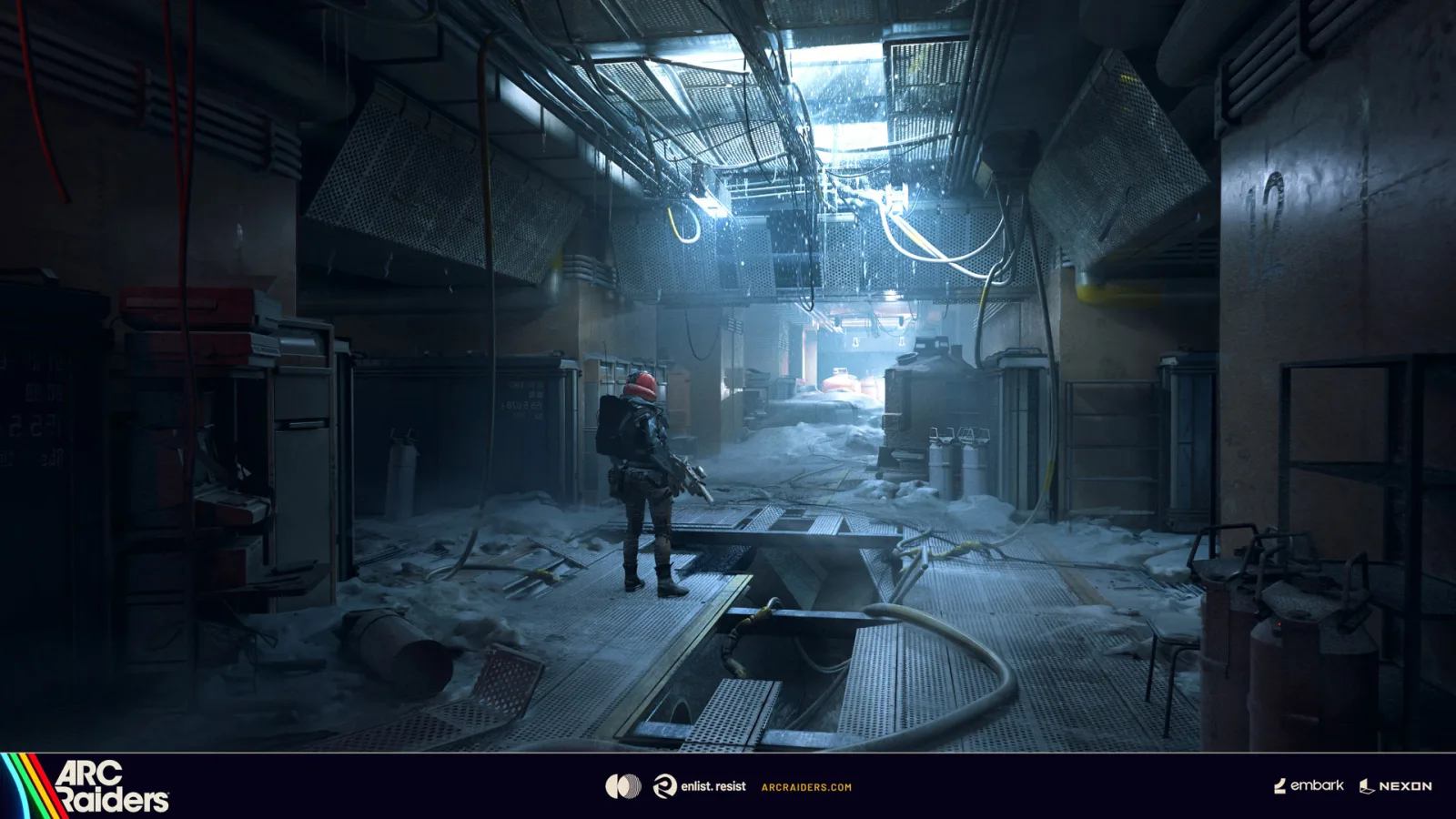 Frozen Trail concept art: a Raider in a frosted industrial interior