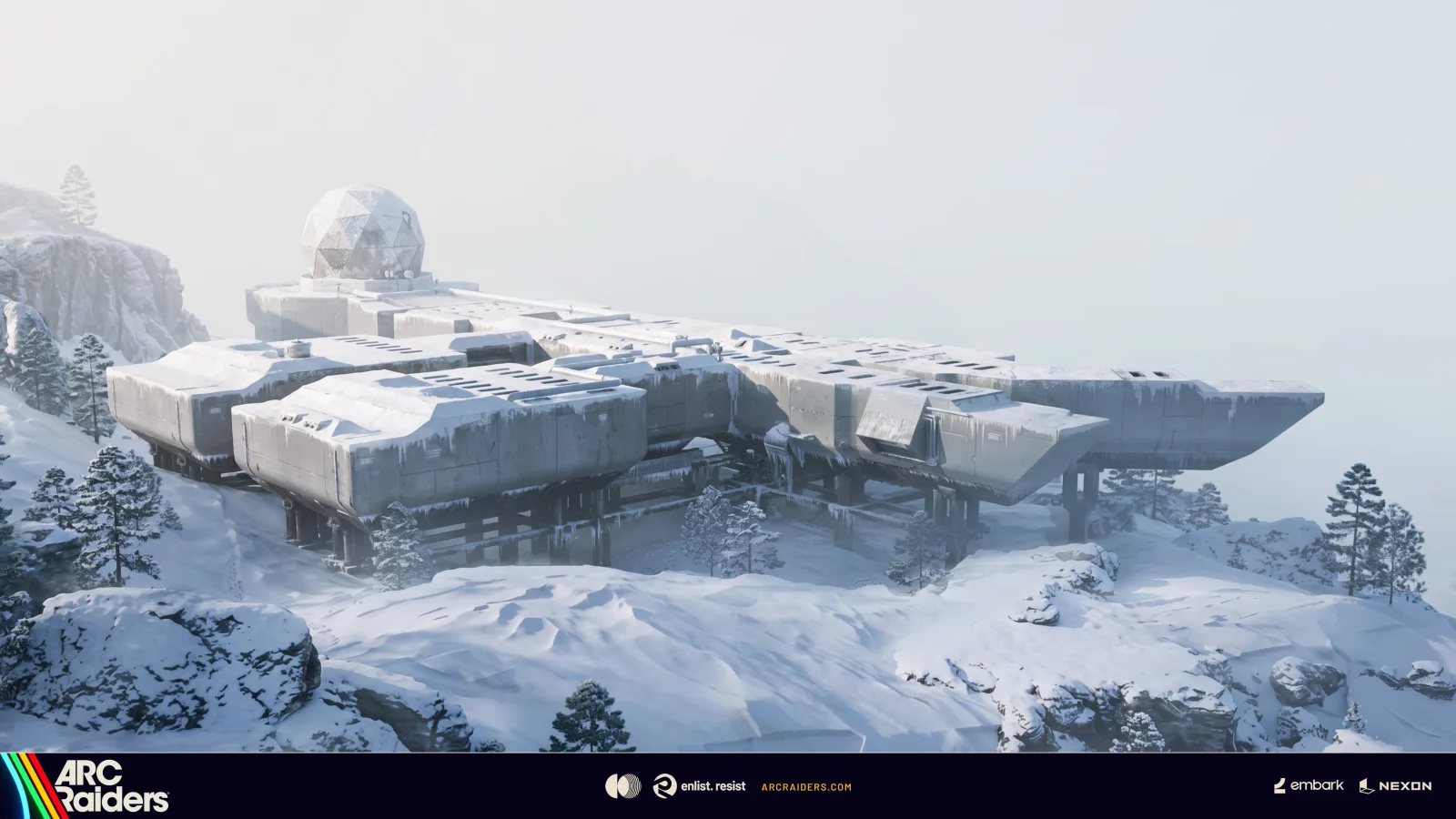 Frozen Trail concept art: a large snow-covered structure on a mountainside