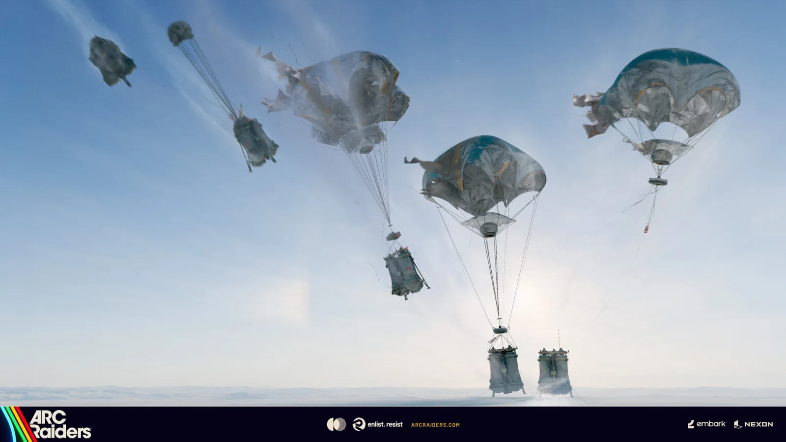 Frozen Trail concept art: cargo pods parachuting down over the snow