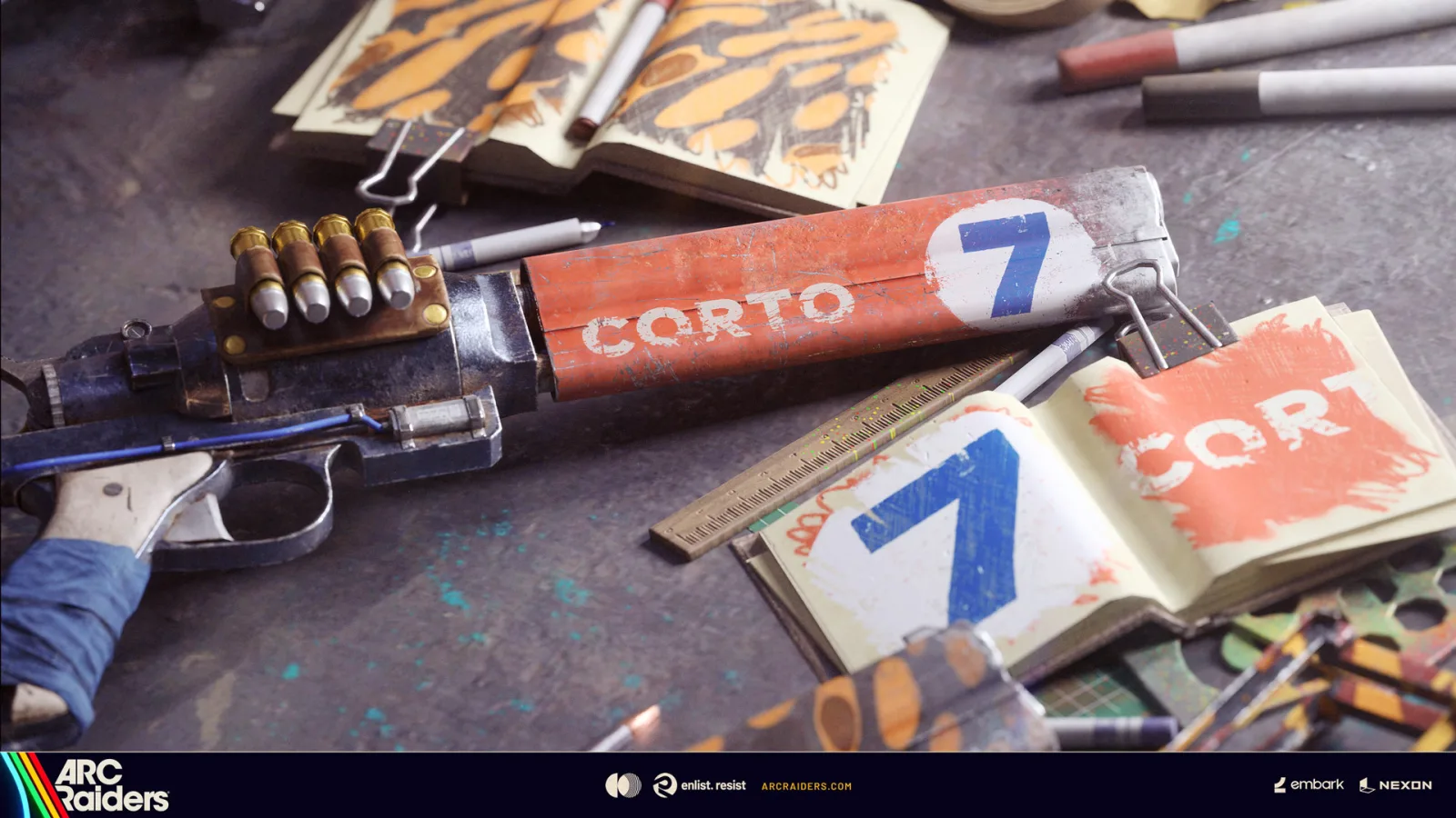 Weapon stencil artwork: a hand cannon painted with a Corto 7 racing livery