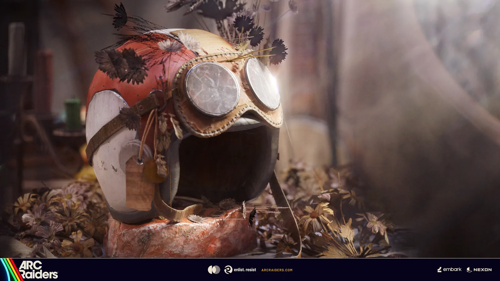 Souls Offering: a red racing helmet with goggles on an altar of dried flowers