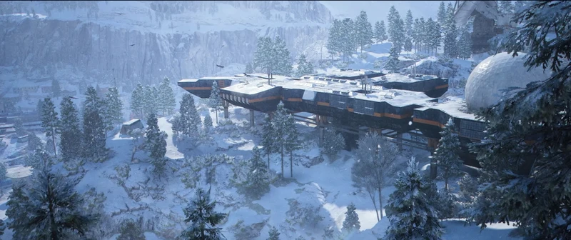The Frigate, a huge ARC vessel, hovering over the snowy valley of Pendola Pass