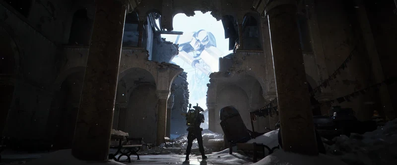 A Raider inside a ruined church in Pendola Pass with an ARC machine glowing beyond the collapsed wall