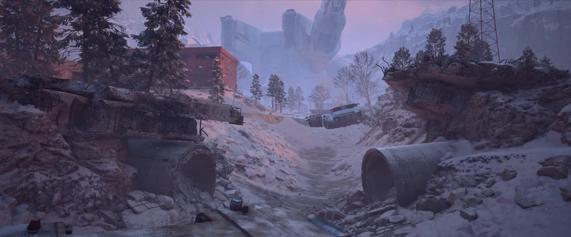Snow-covered village streets in Pendola Pass with the Emperor's leg above the buildings