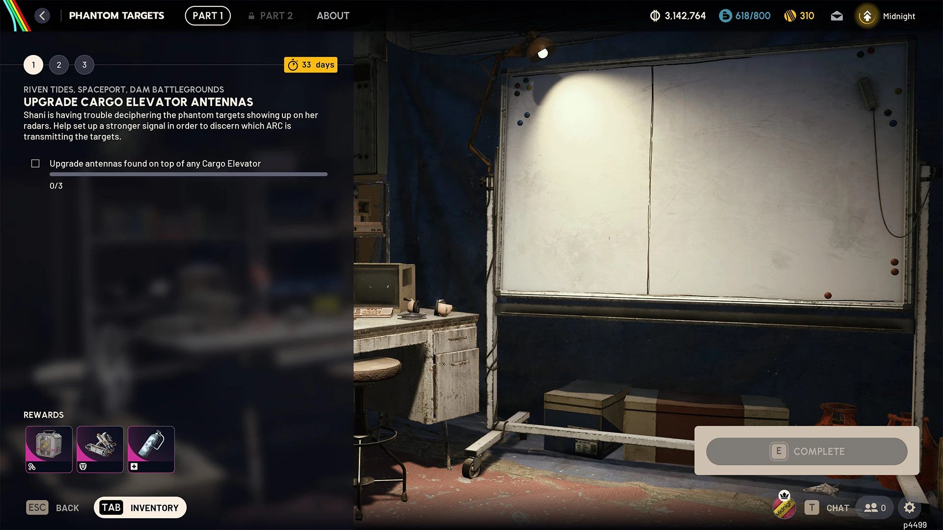 Phantom Targets Stage 1 in the ARC Raiders in-game menu — upgrade three cargo elevator antennas