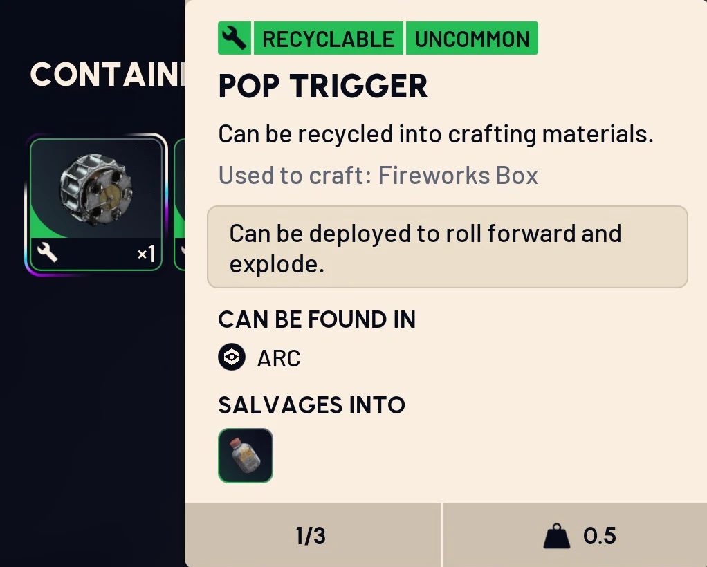 A Pop Trigger in the inventory when looting a killed Pop ARC enemy in ARC Raiders