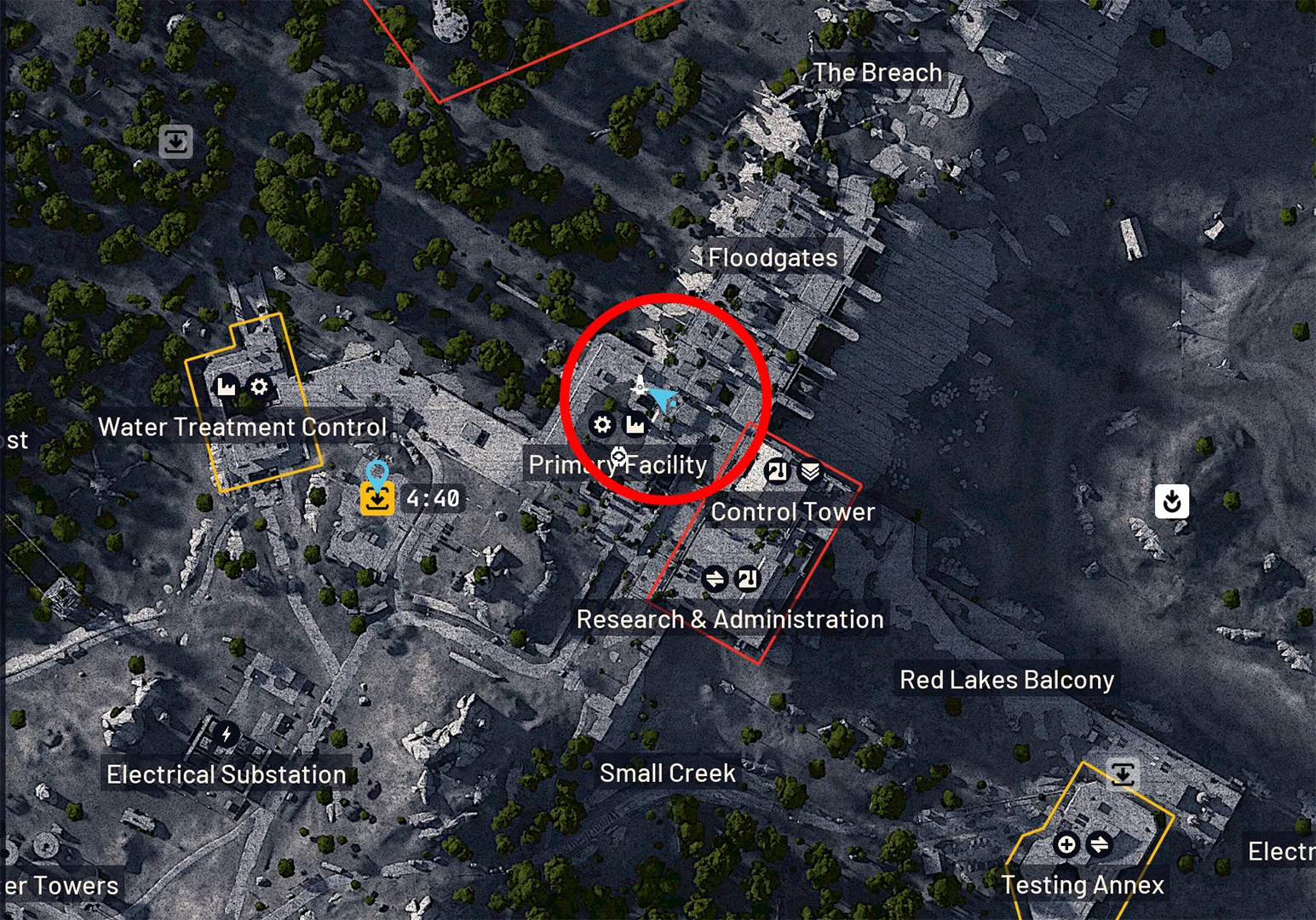 Map view of the Primary Facility on Dam Battlegrounds where the corridors meet — the area with the most Pops and Fireballs