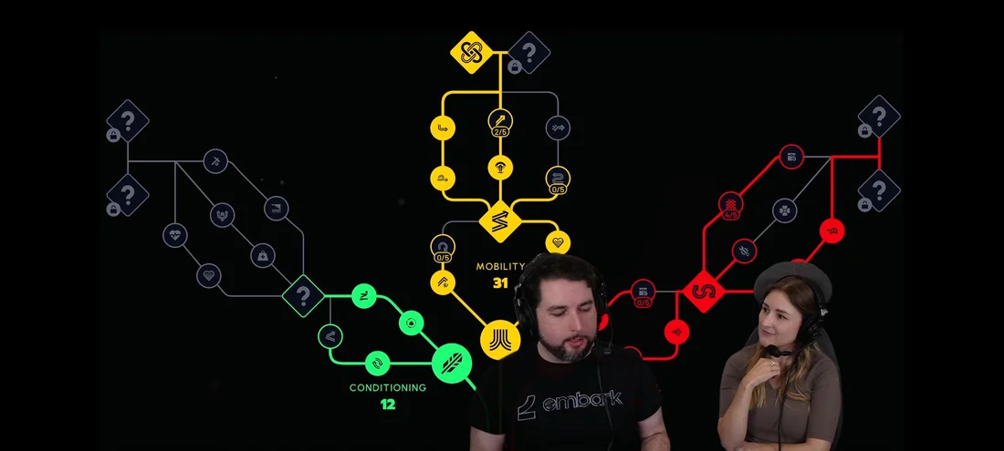 Work-in-progress ARC Raiders Frozen Trail skill tree showing the Conditioning, Mobility and Survival tracks with diamond choice nodes
