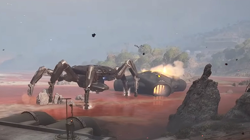 The Queen ARC guarding the Harvester entrance - massive mechanical spider-like creature