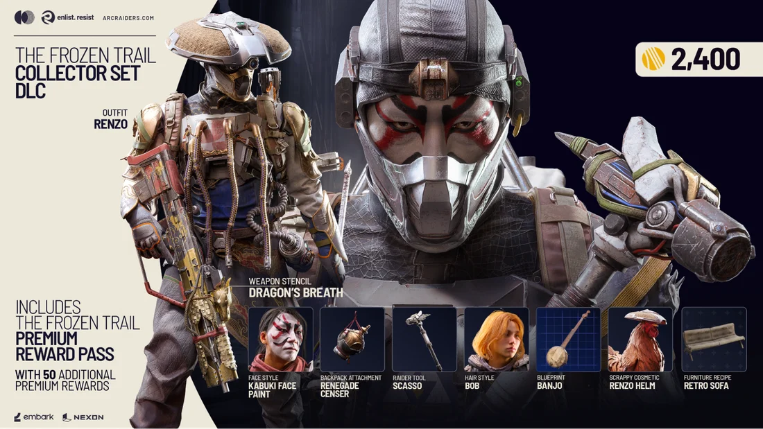 ARC Raiders Frozen Trail Collector Set DLC with the Renzo outfit, Dragon's Breath stencil, Banjo blueprint, Retro Sofa and 2,400 Raider Tokens