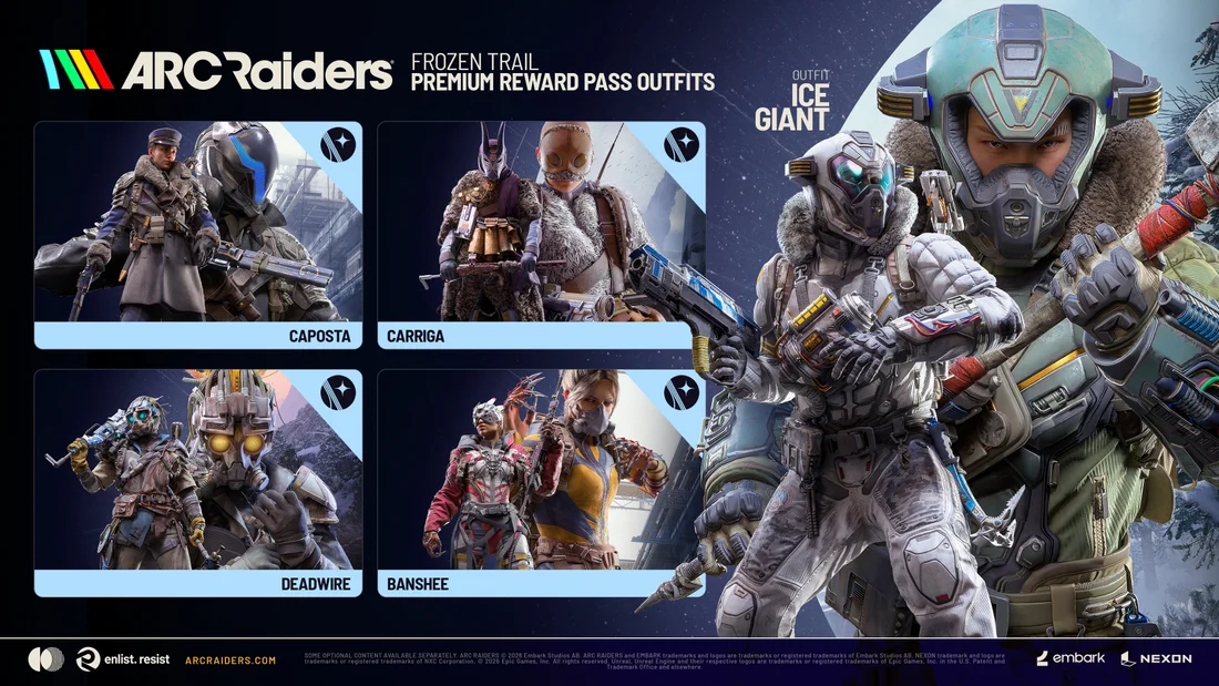ARC Raiders Frozen Trail Premium Reward Pass outfits: Caposta, Carriga, Deadwire, Banshee and Ice Giant