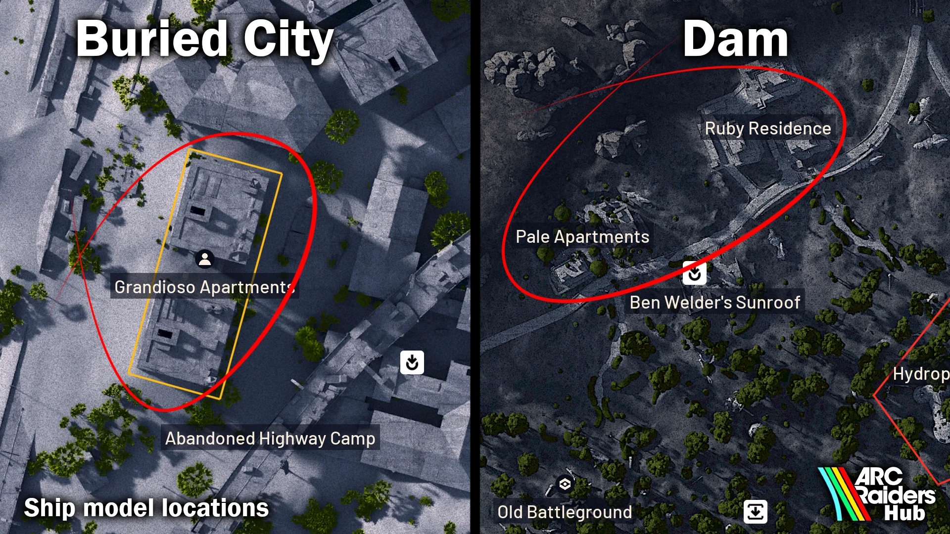Grandioso Apartments on Buried City and Ruby Residents and Pale Apartments on Dam Battlegrounds highlighted as ship model spawn locations in ARC Raiders