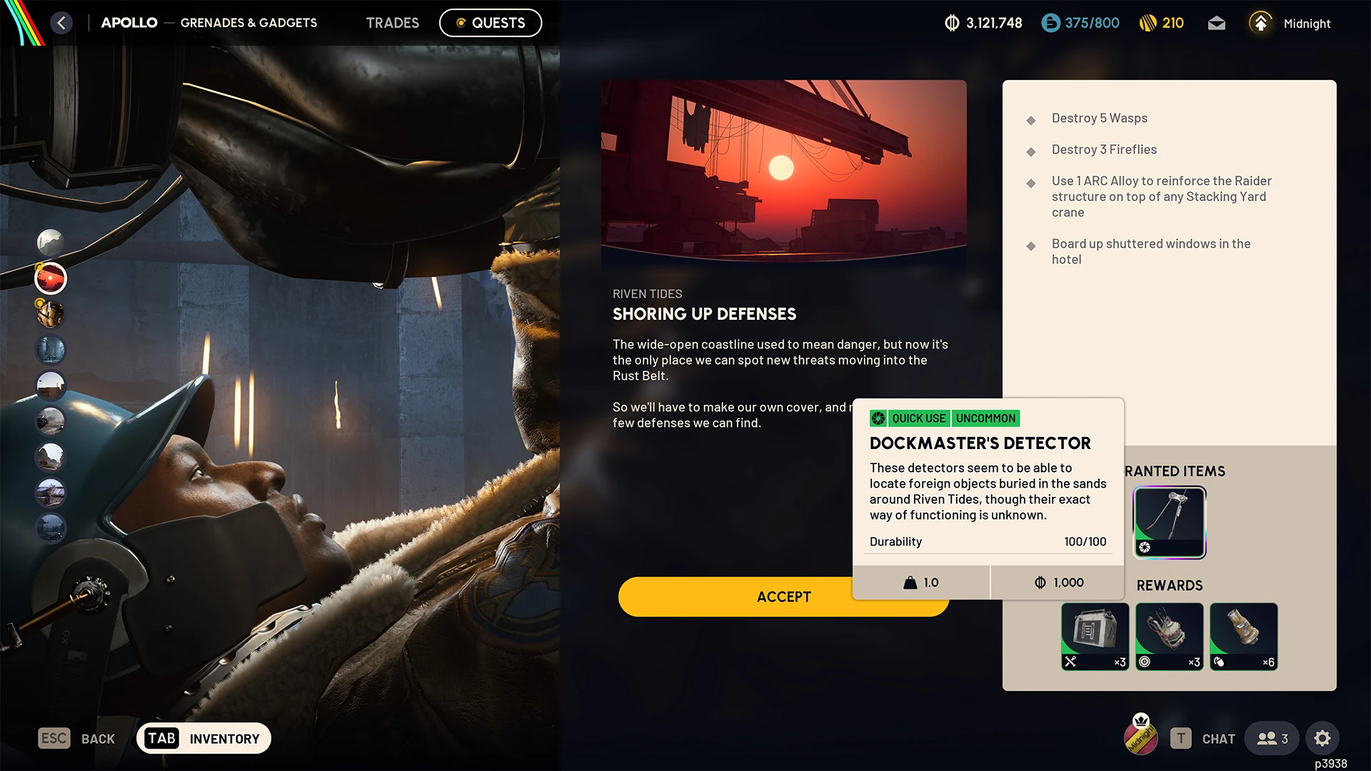 Apollo giving the Dockmaster's Detector at the start of the Shoring Up Defences quest in ARC Raiders