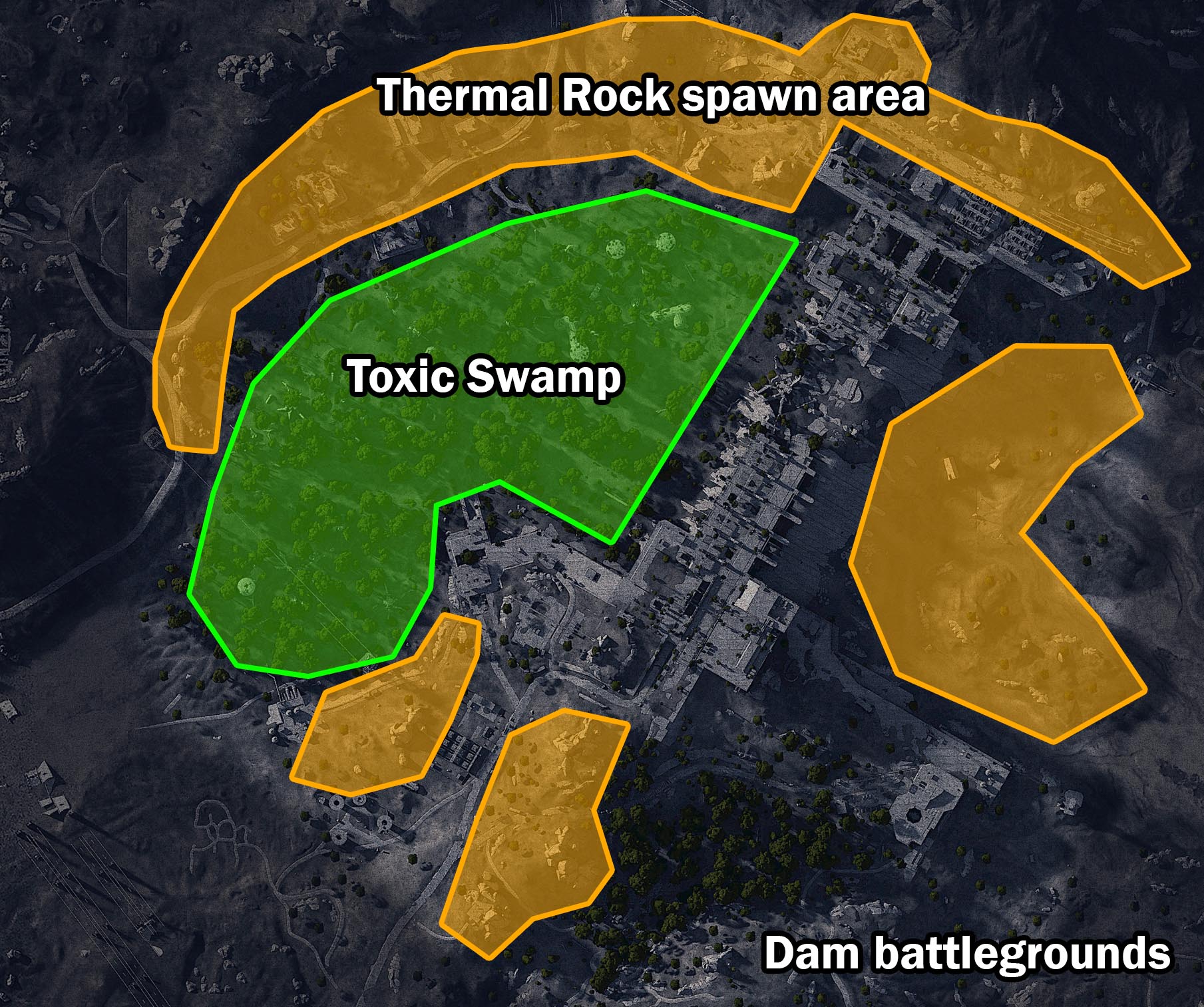 Predicted thermal rock spawn zones on Dam Battlegrounds